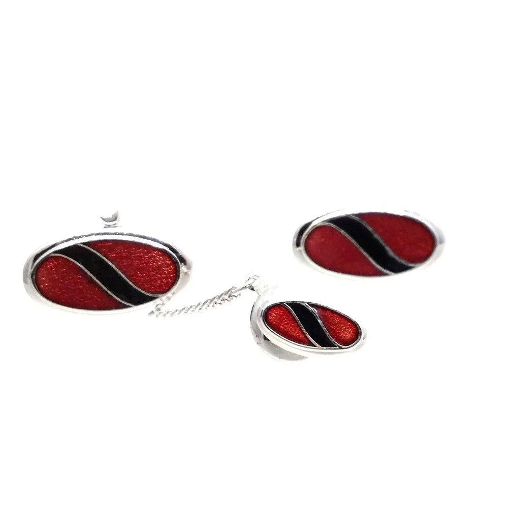 Black Red Silver Tone Cufflinks Oval & Tie Tac Pin Sarah Coventry Enamel Vintage